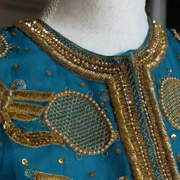 Vintage 80s Silk Beaded Jacket Boho Hippie Blue Highly Embellished Evening Coat - Picture 2 of 16